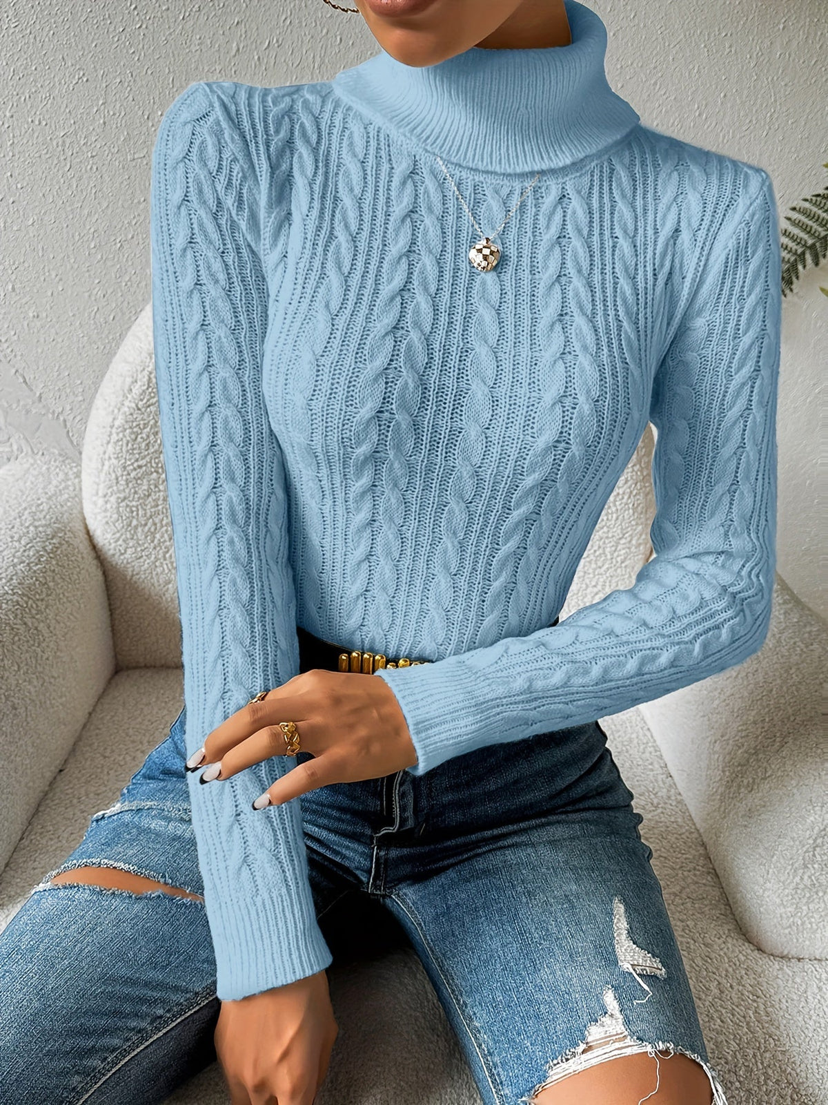 Gloria-Erna | Women's Cable-Knit Turtleneck Slim-Fit Sweater