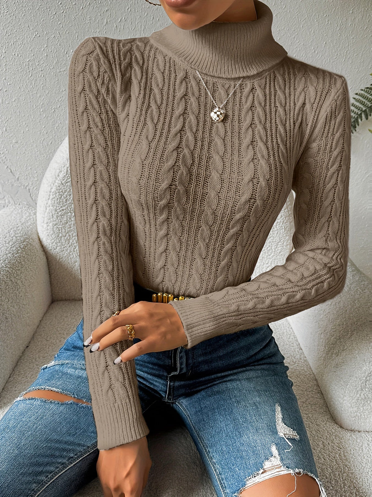 Gloria-Erna | Women's Cable-Knit Turtleneck Slim-Fit Sweater