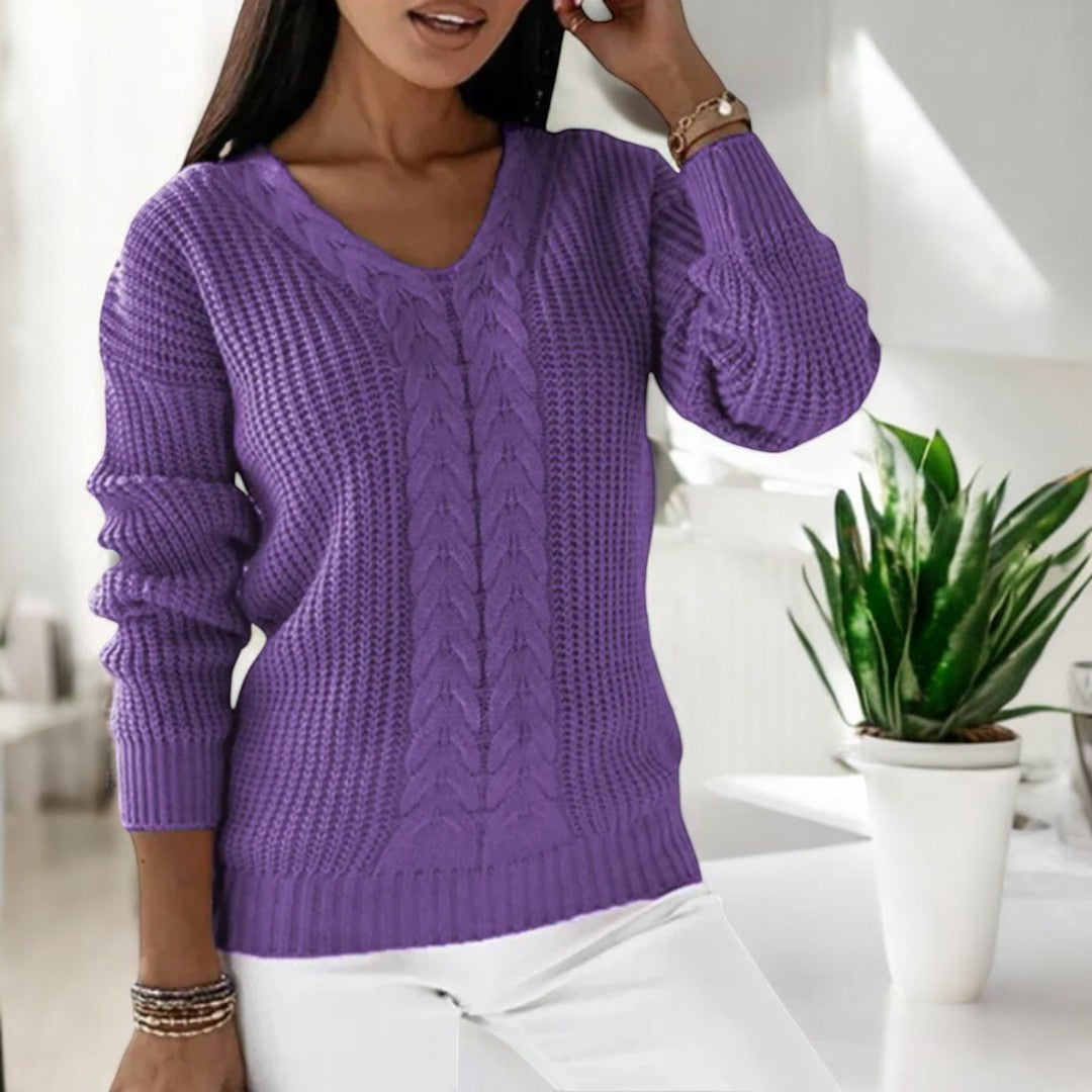 Gloria-Elsa | Women's Cable-Knit V-Neck Relaxed Jumper