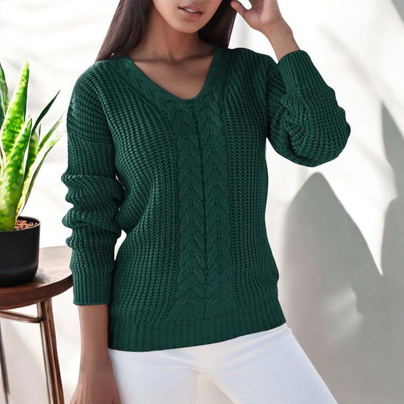Gloria-Elsa | Women's Cable-Knit V-Neck Relaxed Jumper