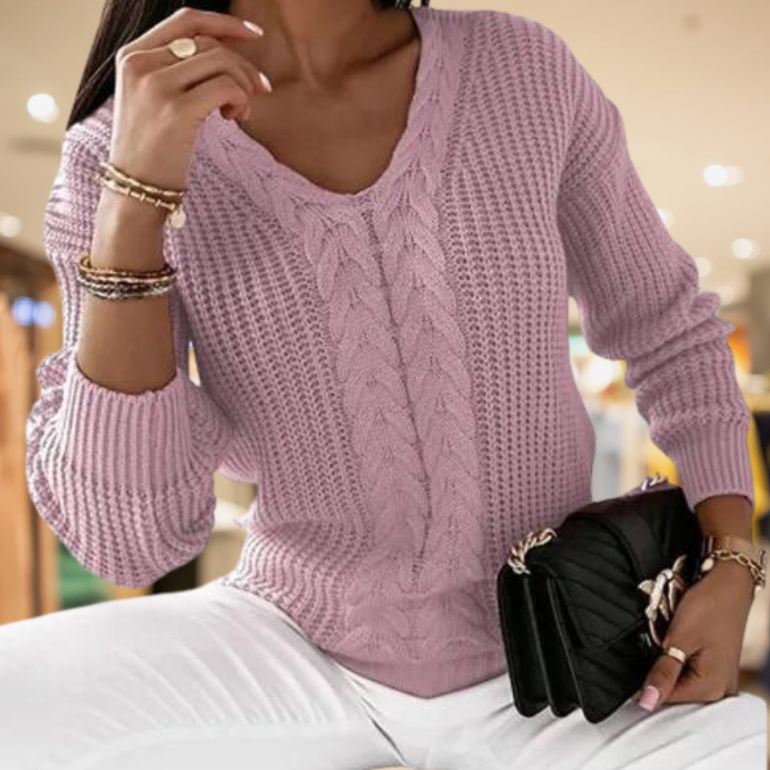 Gloria-Elsa | Women's Cable-Knit V-Neck Relaxed Jumper