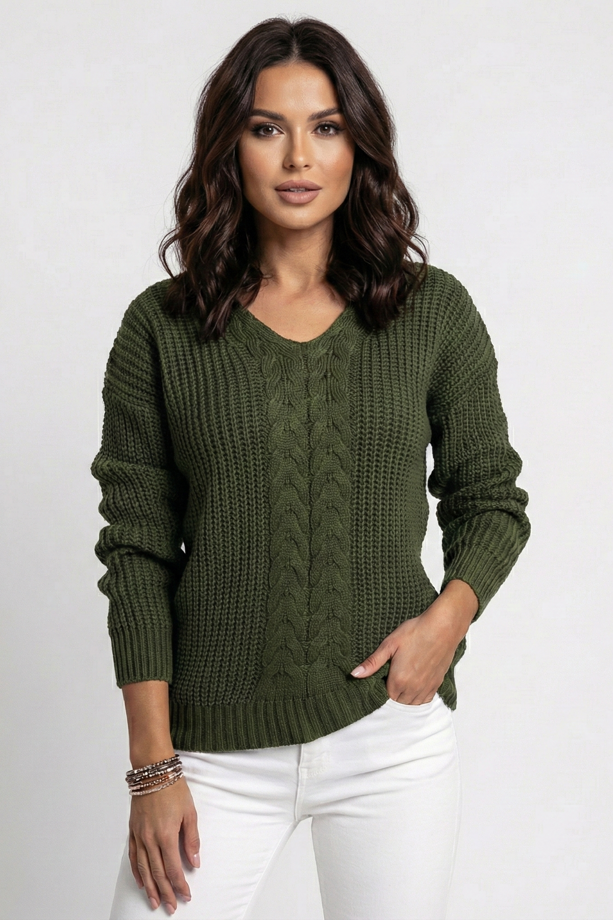 Gloria-Elsa | Women's Cable-Knit V-Neck Relaxed Jumper