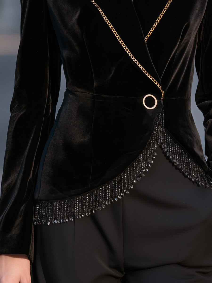 Madeline | Women's Chain-Trim Velvet Fringe Blazer