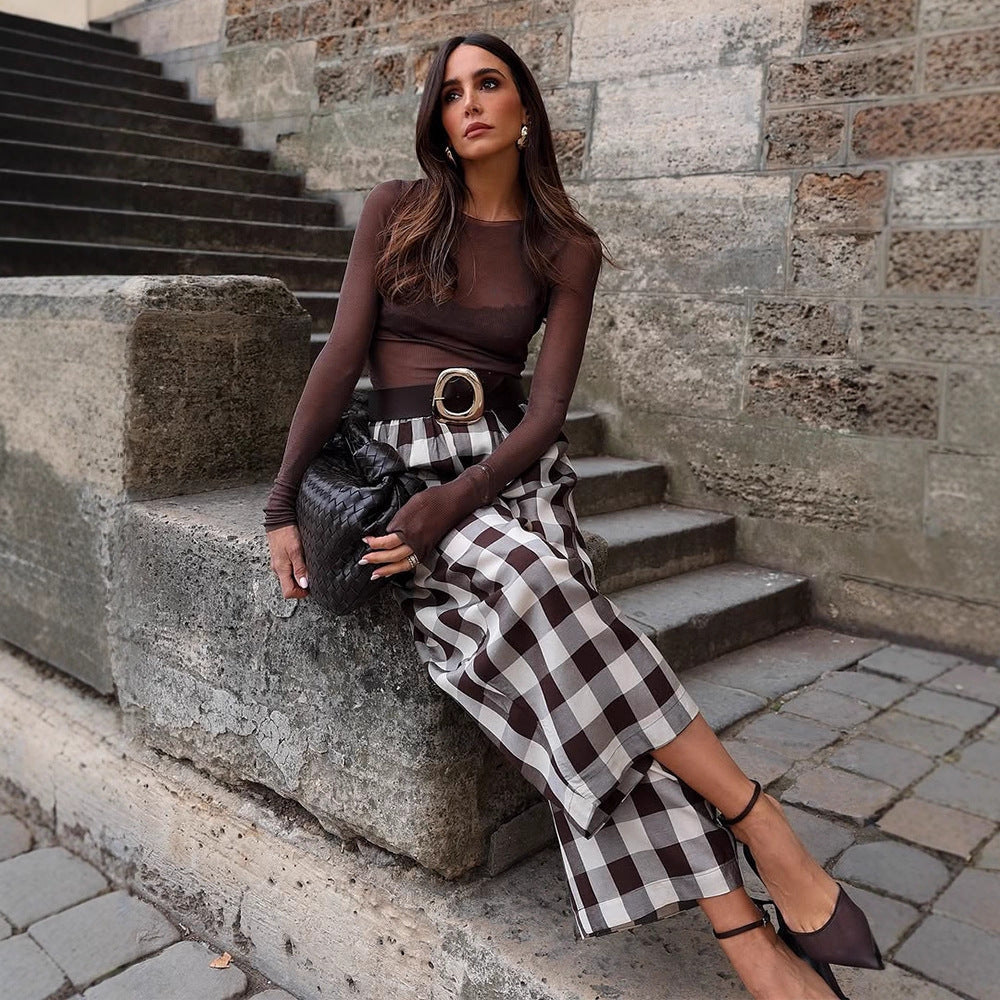 Lucille-Patricia | Women's Checked Wide-Leg Palazzo Pants