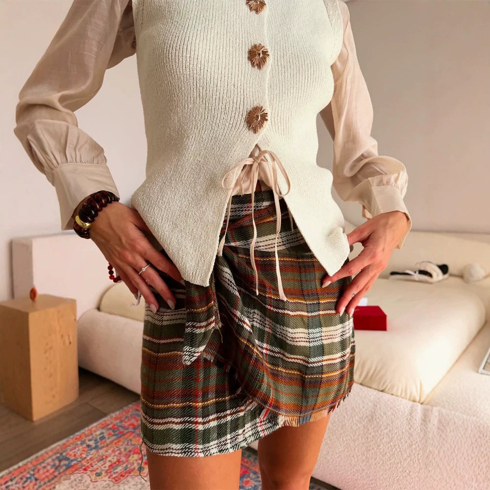 Paloma-Ursula | Women's Checkered Wrap Mini Skirt with Fringe Hem