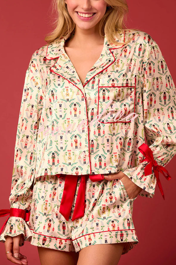 Harriet | Women's Christmas Print Lace-Up Cuff Top & Cargo Shorts Set