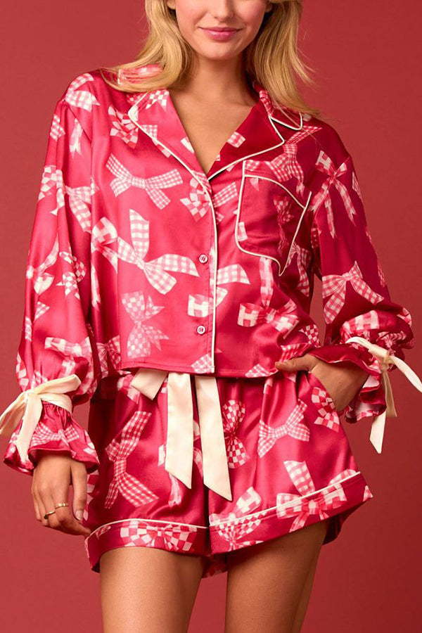 Harriet | Women's Christmas Print Lace-Up Cuff Top & Cargo Shorts Set