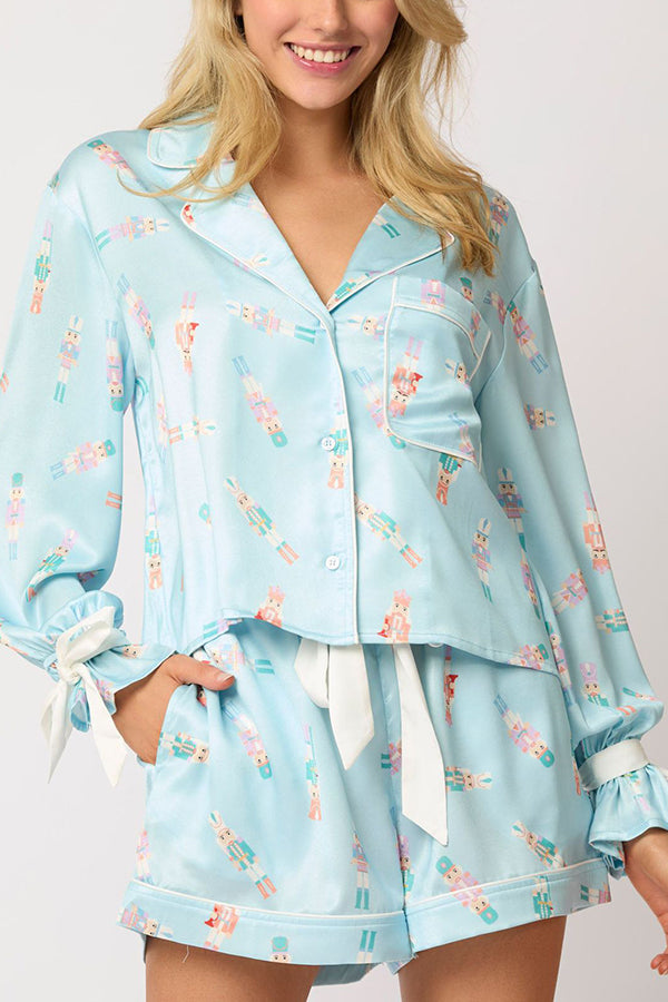 Harriet | Women's Christmas Print Lace-Up Cuff Top & Cargo Shorts Set