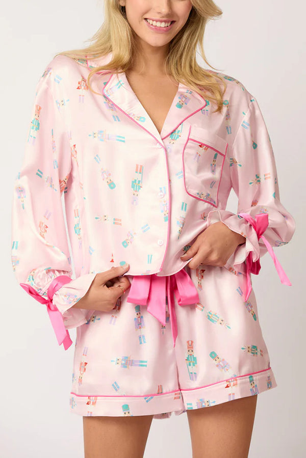 Harriet | Women's Christmas Print Lace-Up Cuff Top & Cargo Shorts Set