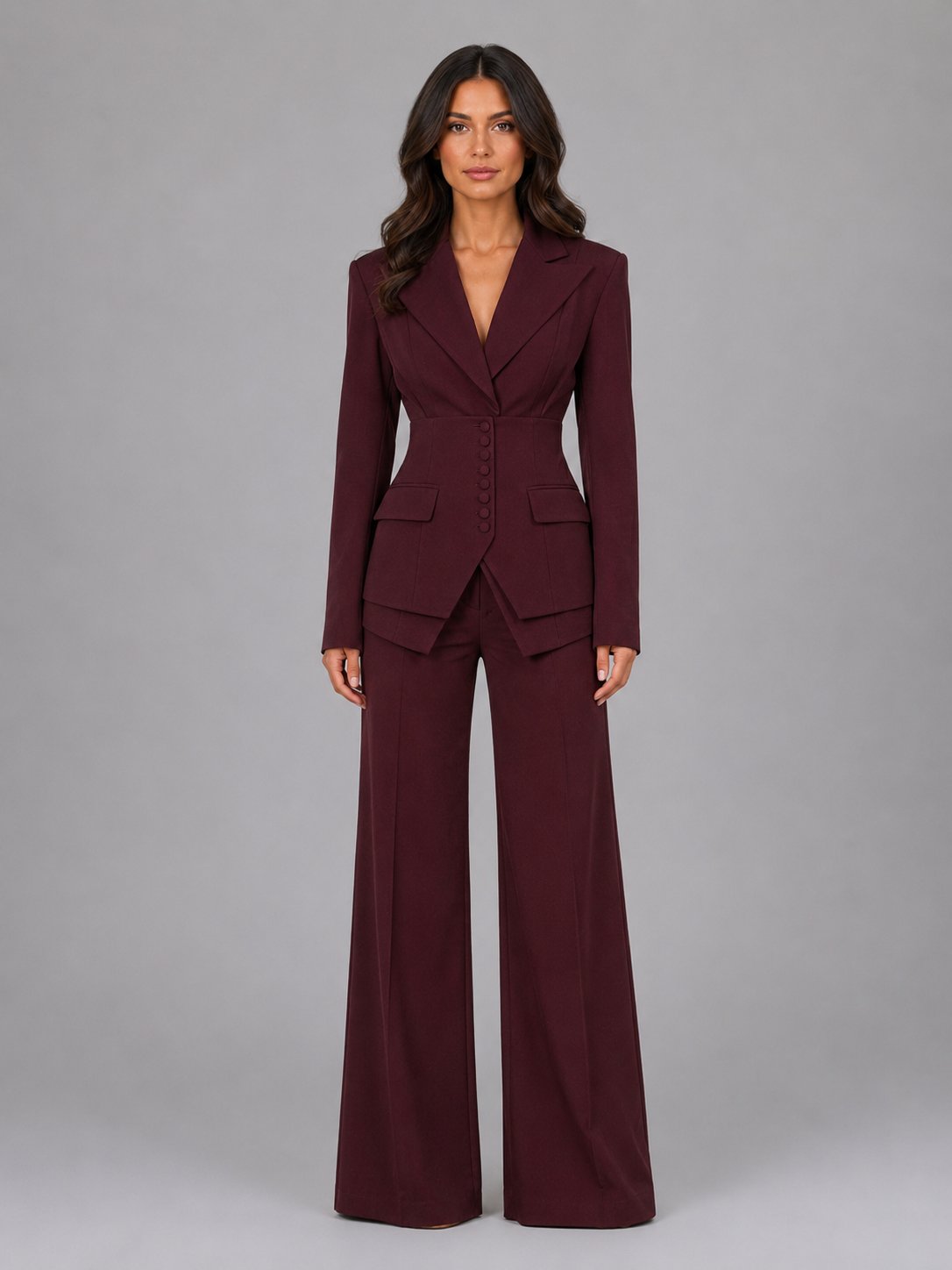 Daphne-Eugenia | Women's Cinched-Waist Blazer & Wide-Leg Trouser Set