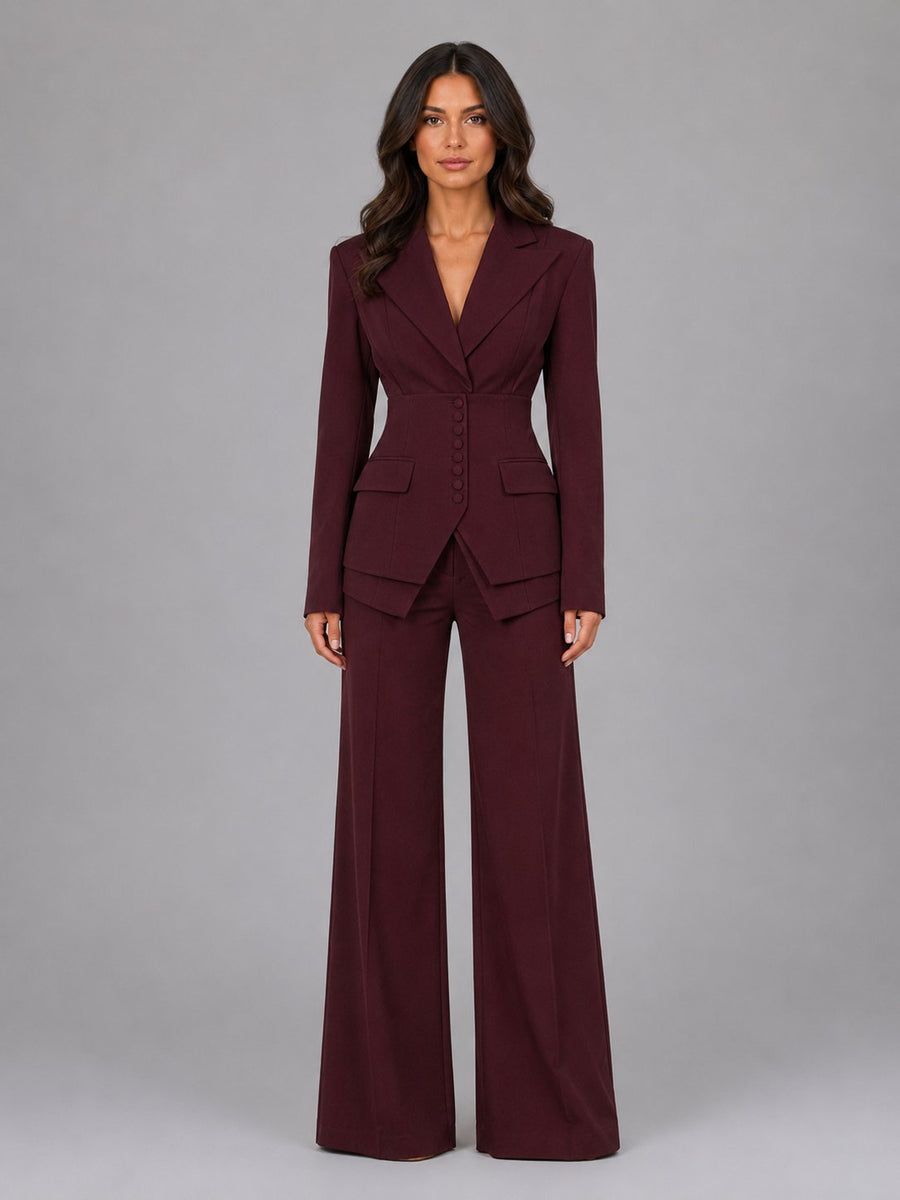 Daphne-Eugenia | Women's Cinched-Waist Blazer & Wide-Leg Trouser Set