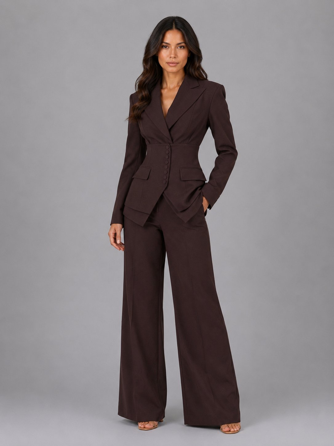 Daphne-Eugenia | Women's Cinched-Waist Blazer & Wide-Leg Trouser Set