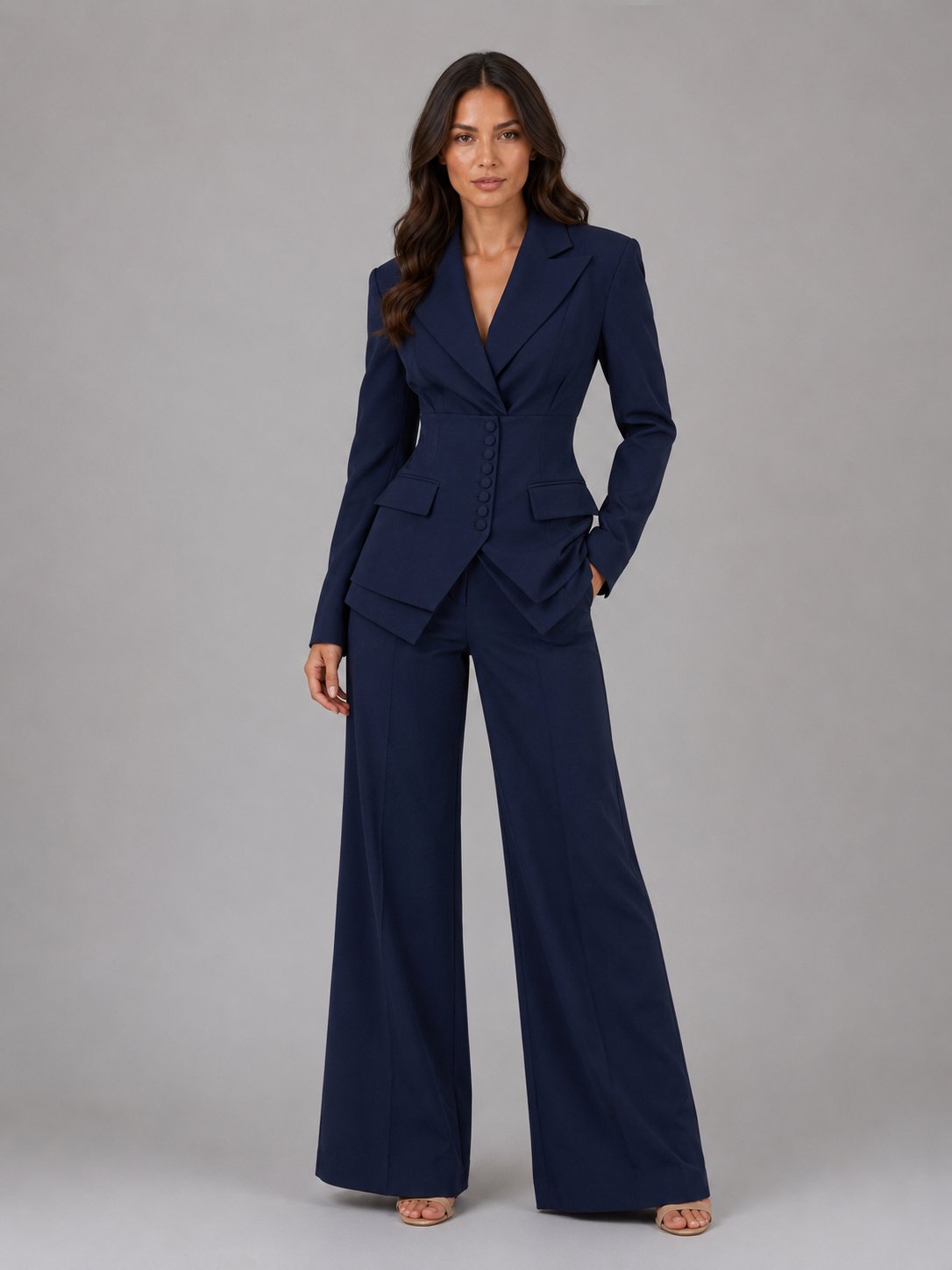 Daphne-Eugenia | Women's Cinched-Waist Blazer & Wide-Leg Trouser Set