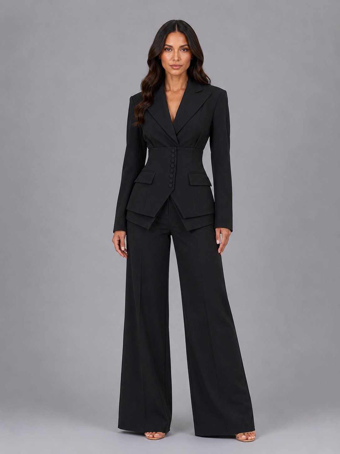 Daphne-Eugenia | Women's Cinched-Waist Blazer & Wide-Leg Trouser Set