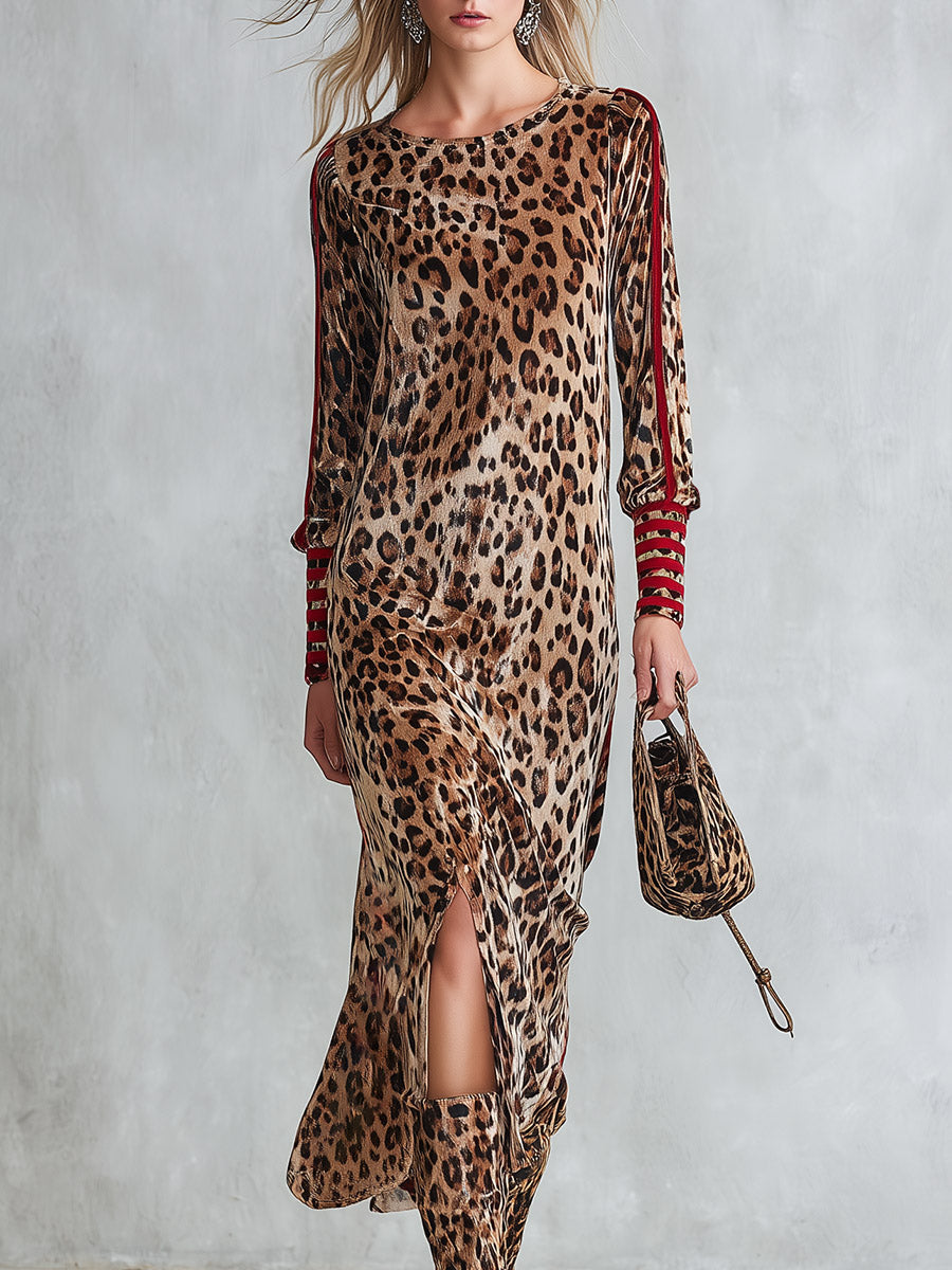 Stella | Women's Color-Block Striped Leopard Print Velvet Midi Dress