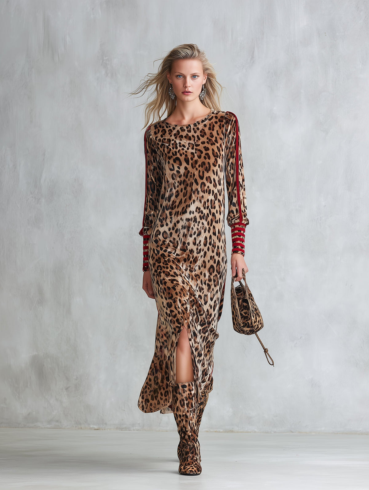 Stella | Women's Color-Block Striped Leopard Print Velvet Midi Dress