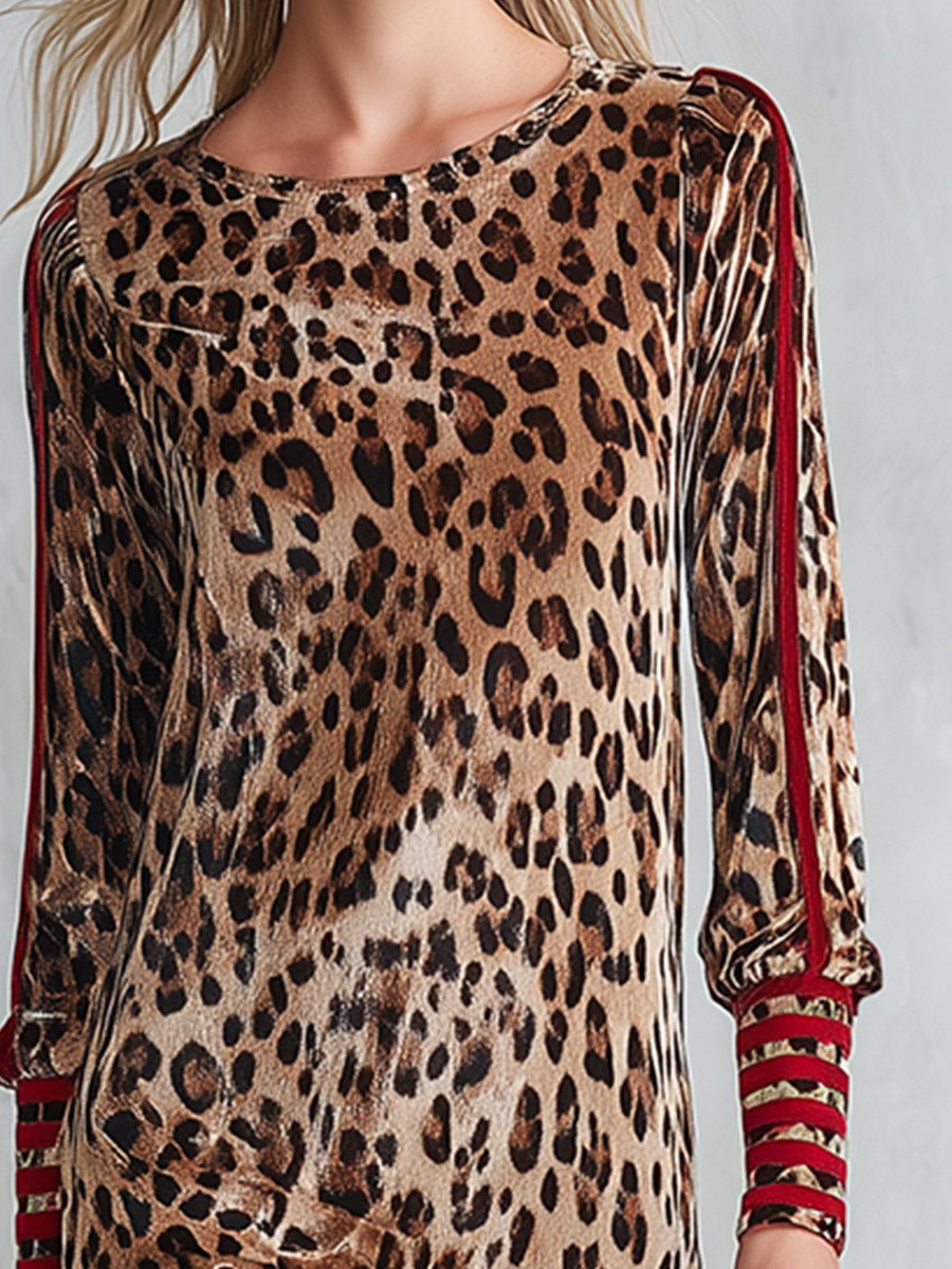 Stella | Women's Color-Block Striped Leopard Print Velvet Midi Dress