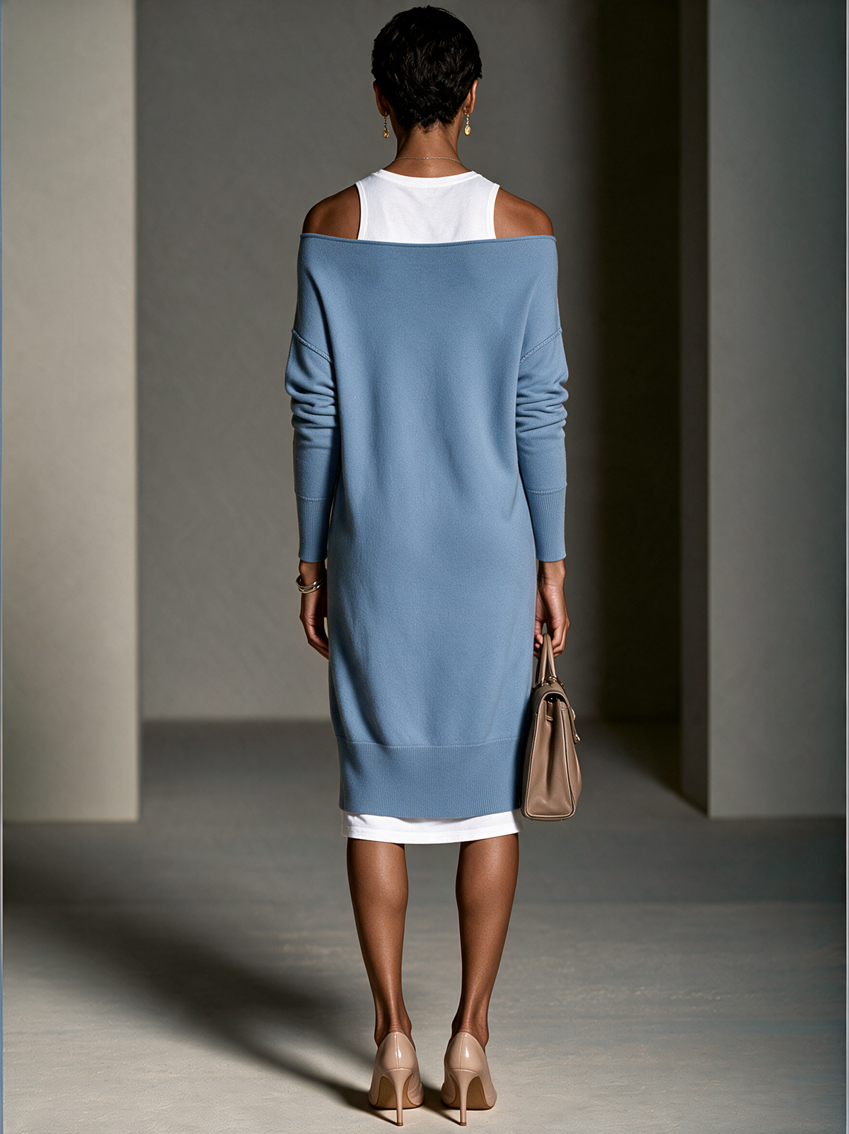 Ingrid | Women's Contrast Faux-Layered Off-Shoulder Knit Midi Dress