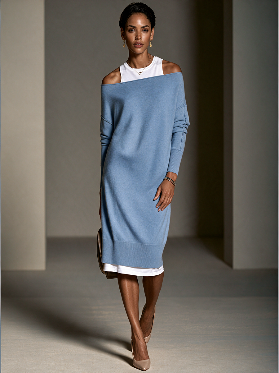 Ingrid | Women's Contrast Faux-Layered Off-Shoulder Knit Midi Dress