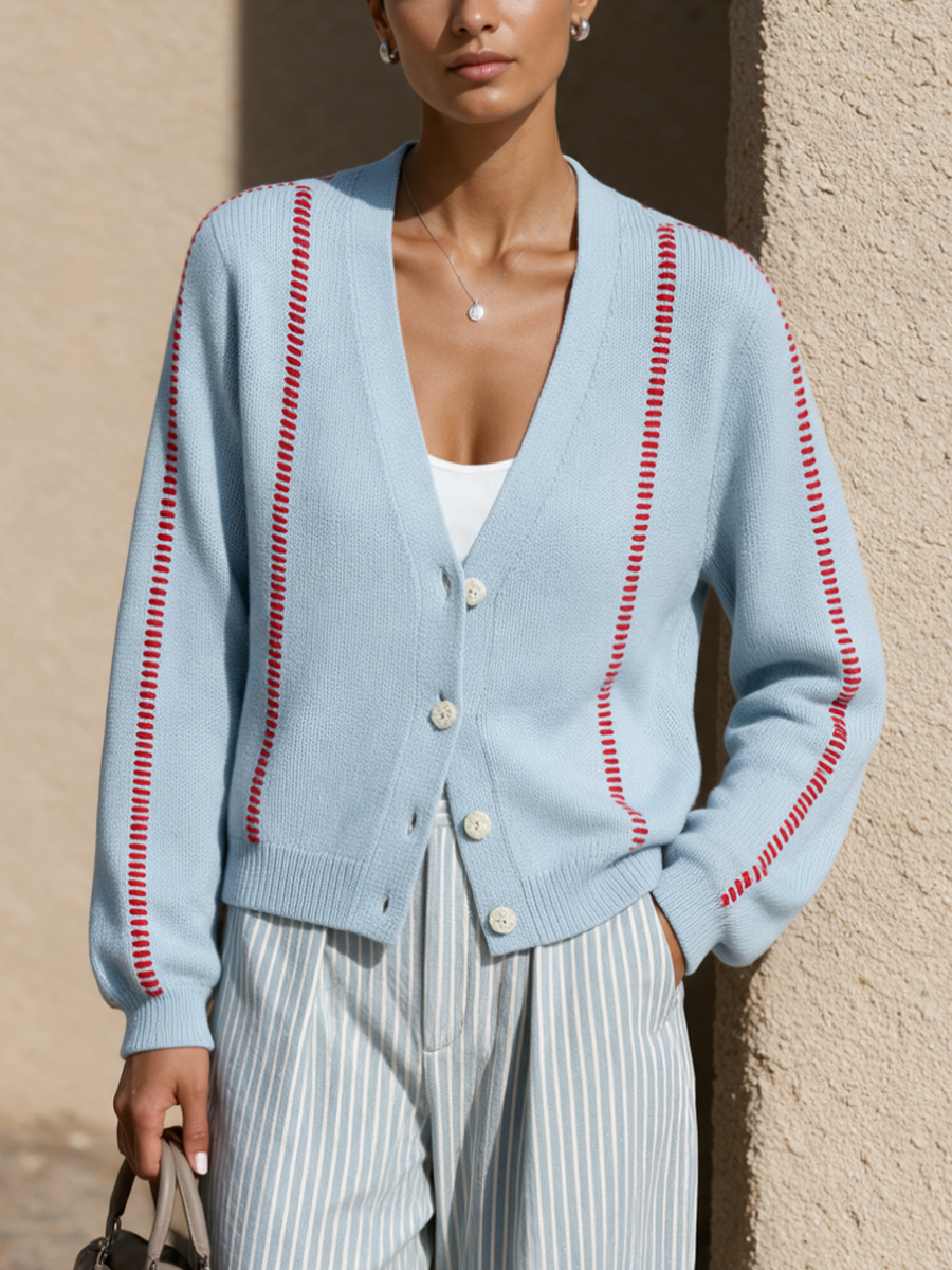 Blanche-Minerva | Women's Contrast Stitch V-Neck Cardigan
