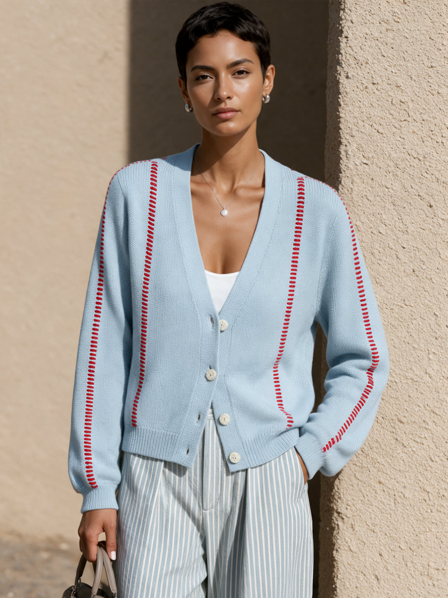 Blanche-Minerva | Women's Contrast Stitch V-Neck Cardigan