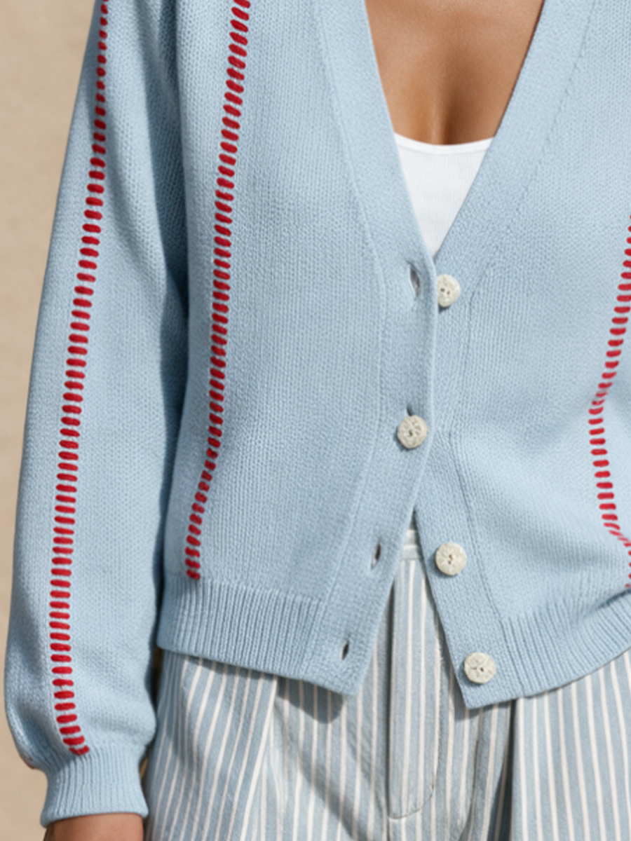 Blanche-Minerva | Women's Contrast Stitch V-Neck Cardigan