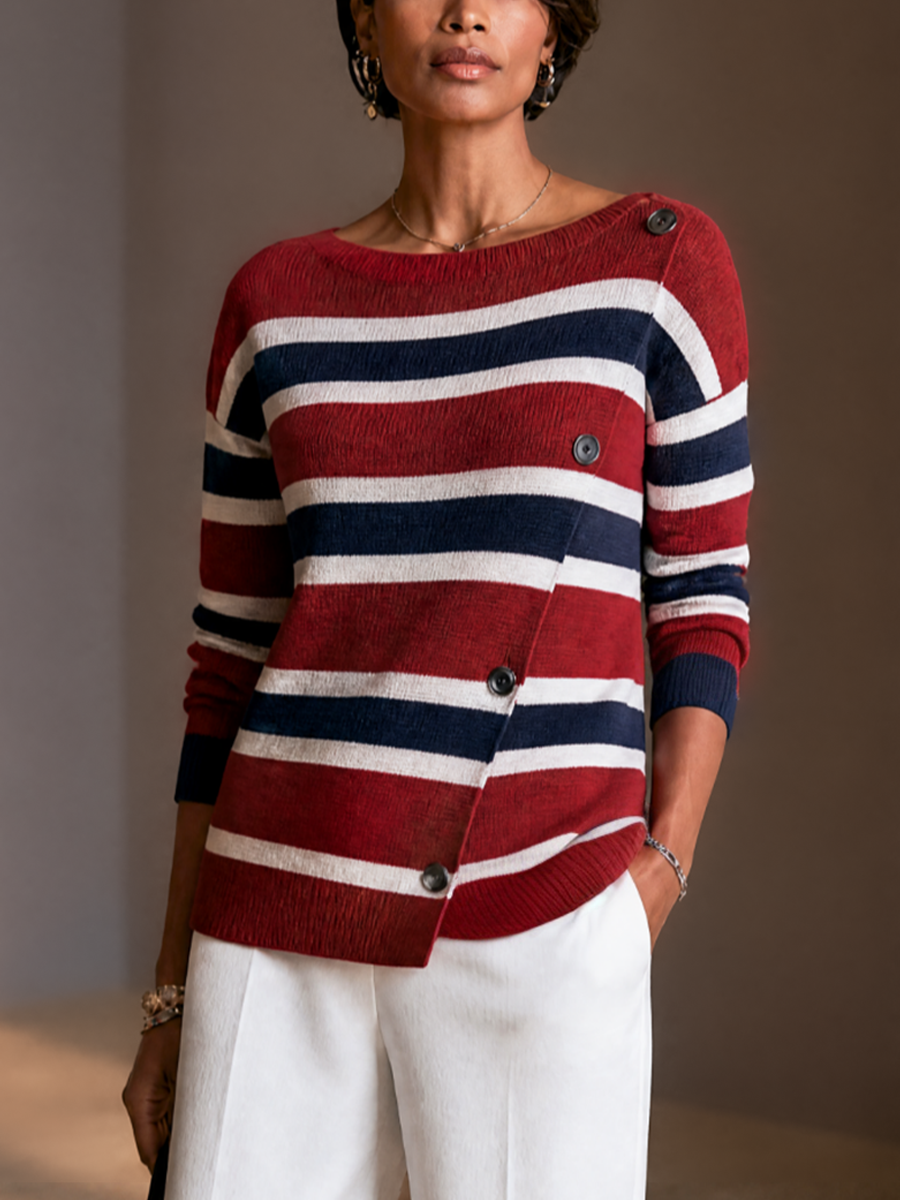 Irene | Women's Contrast Stripe Asymmetric Placket Sweater Dress