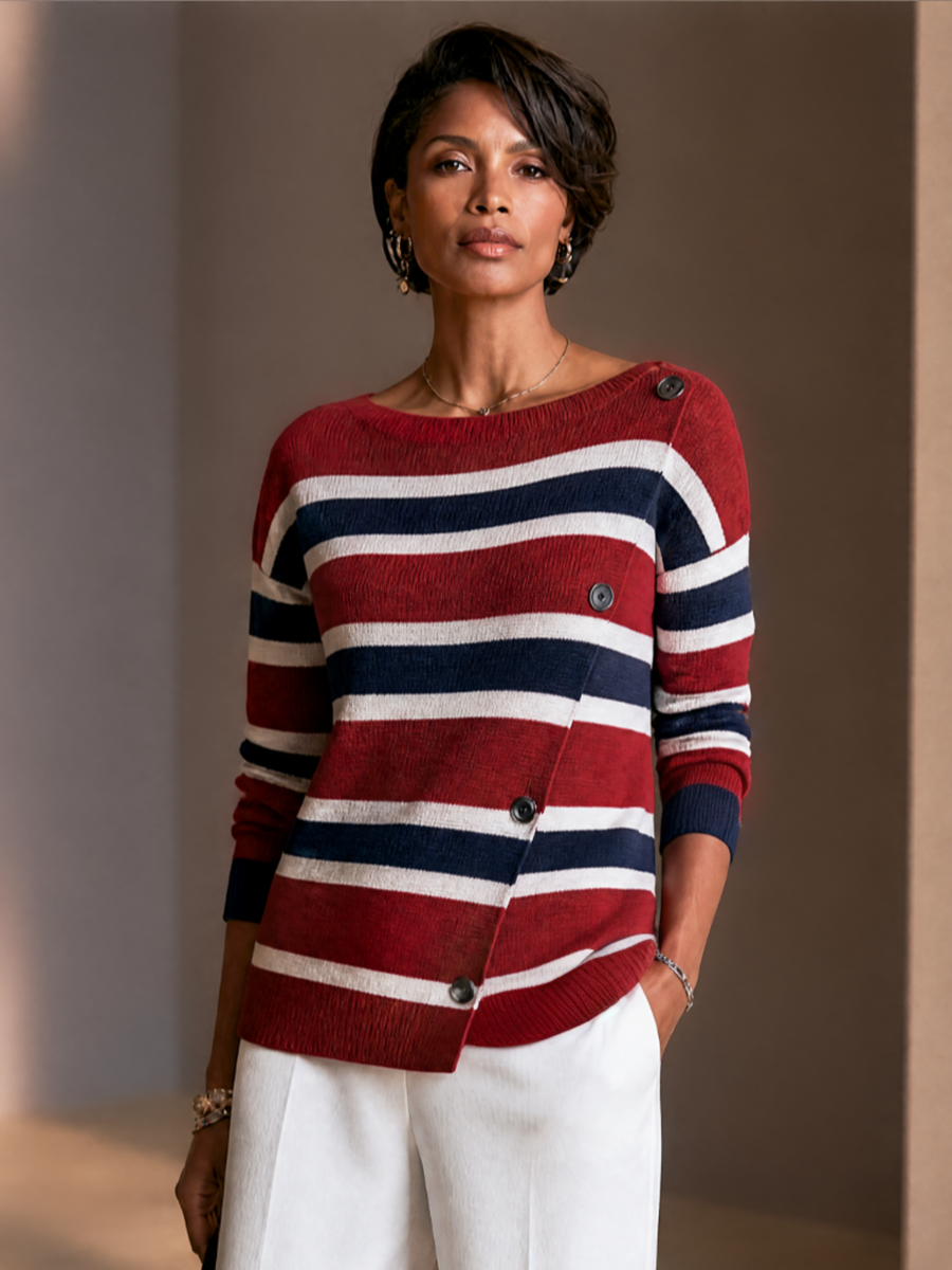 Irene | Women's Contrast Stripe Asymmetric Placket Sweater Dress