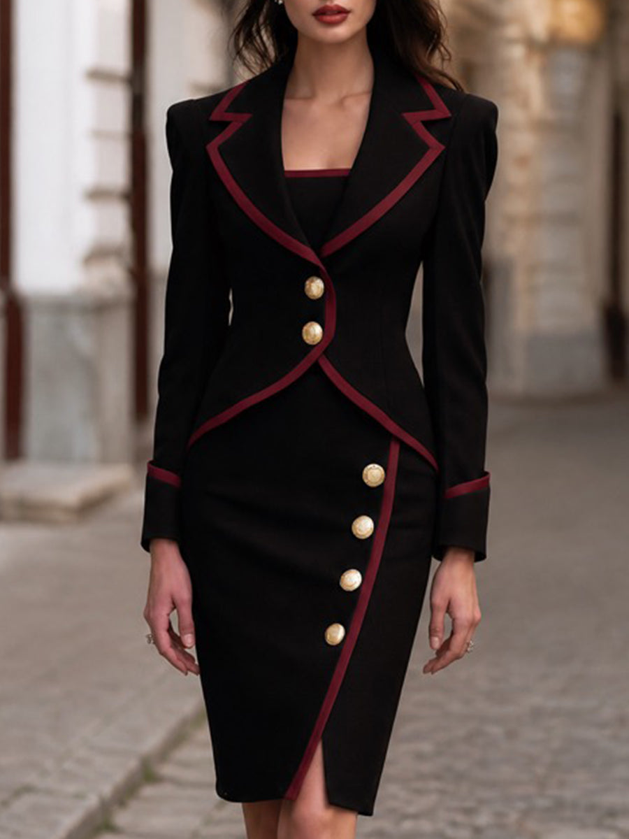 Rosemary-Miriam | Women's Contrast-Trim Blazer & Midi Dress Matching Set