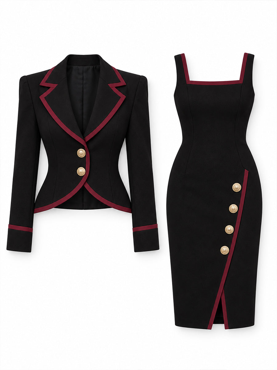 Rosemary-Miriam | Women's Contrast-Trim Blazer & Midi Dress Matching Set