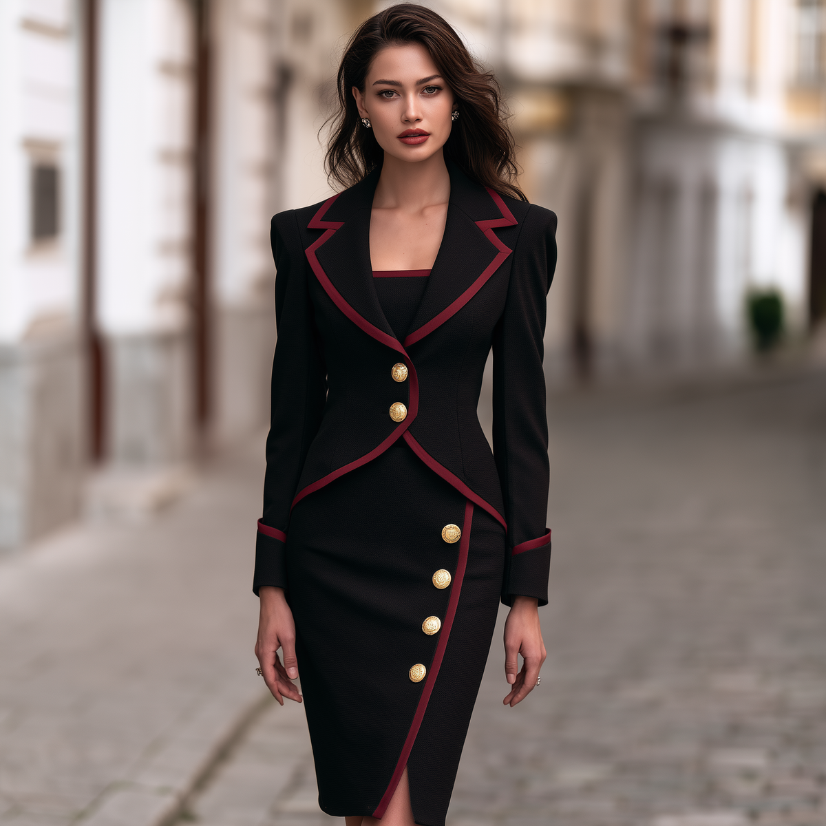 Rosemary-Miriam | Women's Contrast-Trim Blazer & Midi Dress Matching Set
