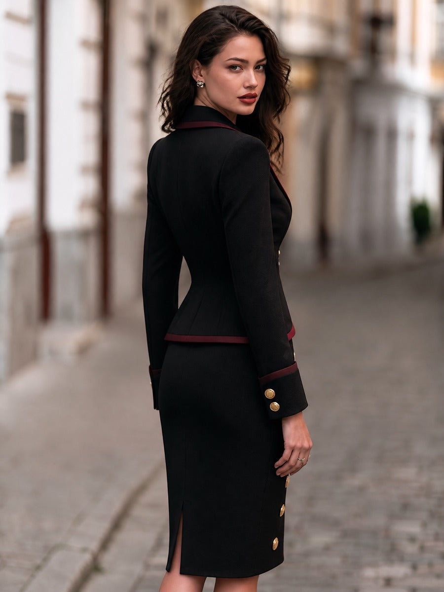 Rosemary-Miriam | Women's Contrast-Trim Blazer & Midi Dress Matching Set