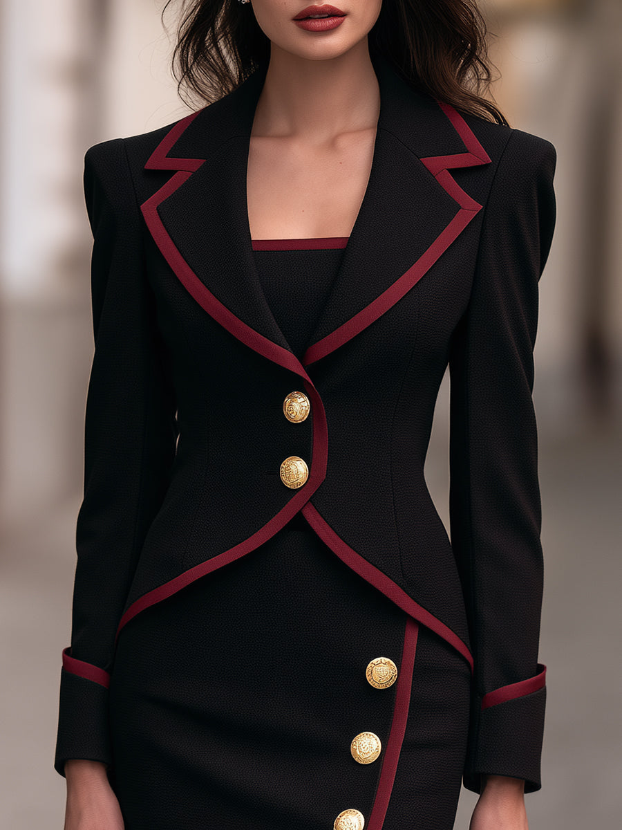 Rosemary-Miriam | Women's Contrast-Trim Blazer & Midi Dress Matching Set