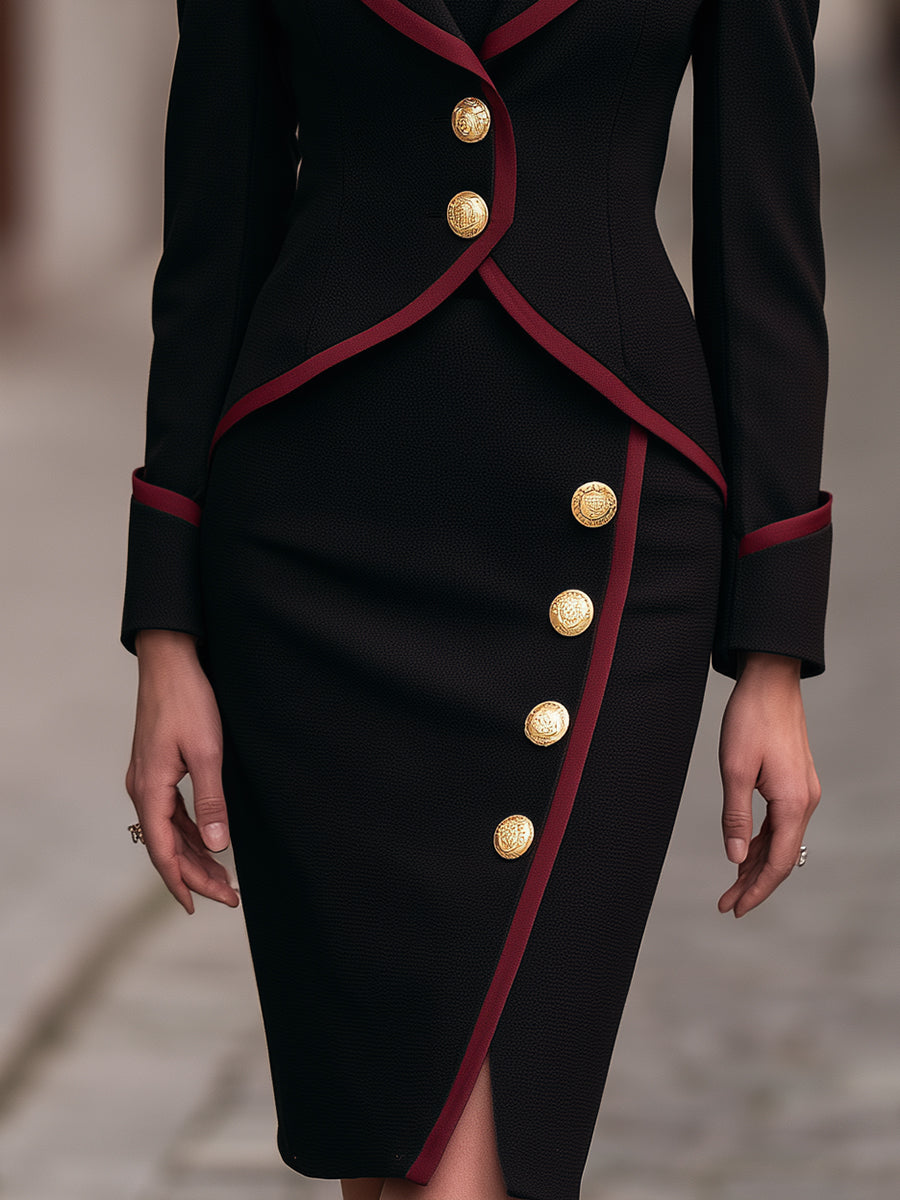Rosemary-Miriam | Women's Contrast-Trim Blazer & Midi Dress Matching Set