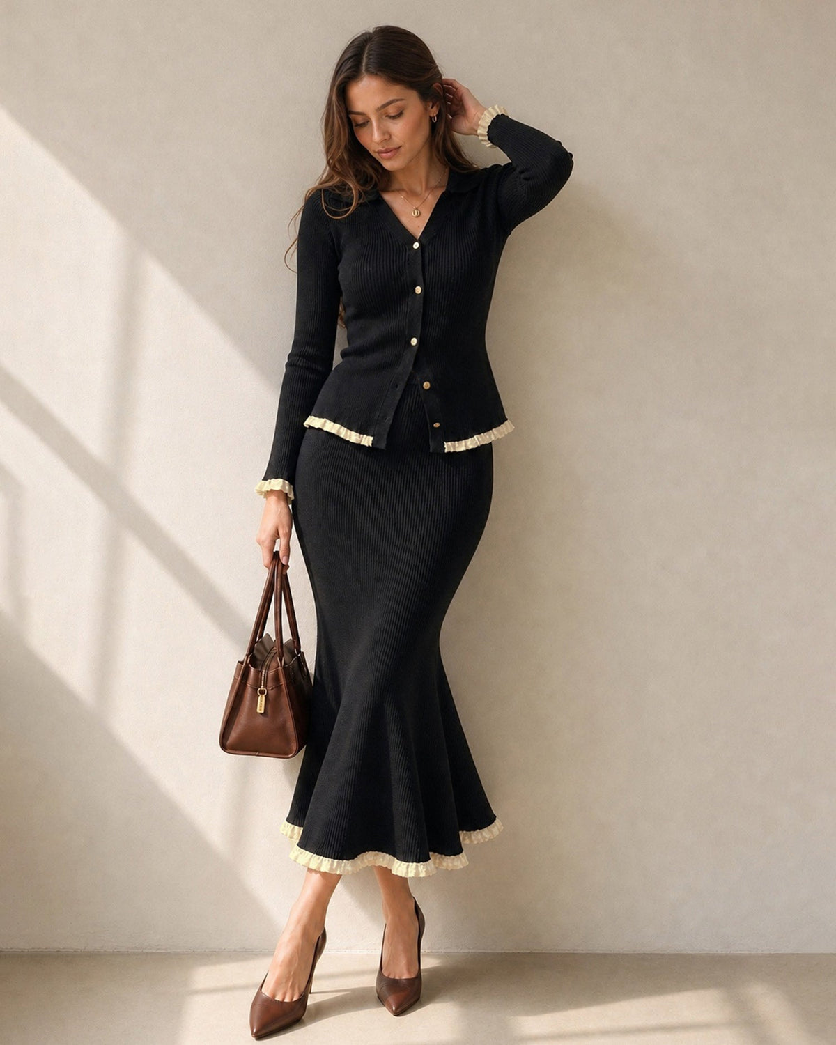 Edith-Johanna | Women's Contrasting Trim Bell-Sleeve Cardigan