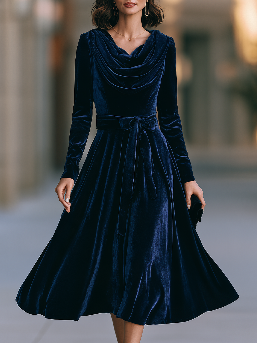 Zelda | Women's Cowl-Neck Belted Velvet Midi Dress