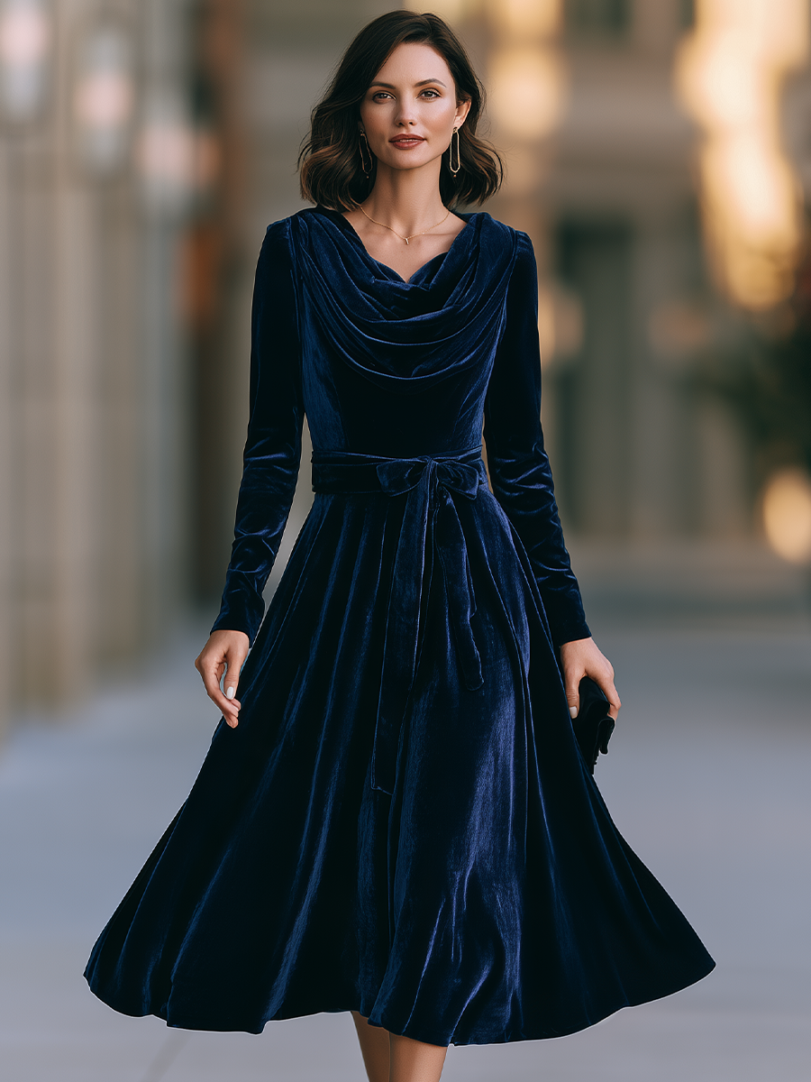 Zelda | Women's Cowl-Neck Belted Velvet Midi Dress