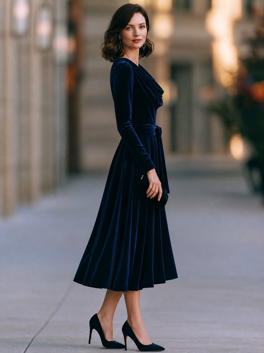 Zelda | Women's Cowl-Neck Belted Velvet Midi Dress