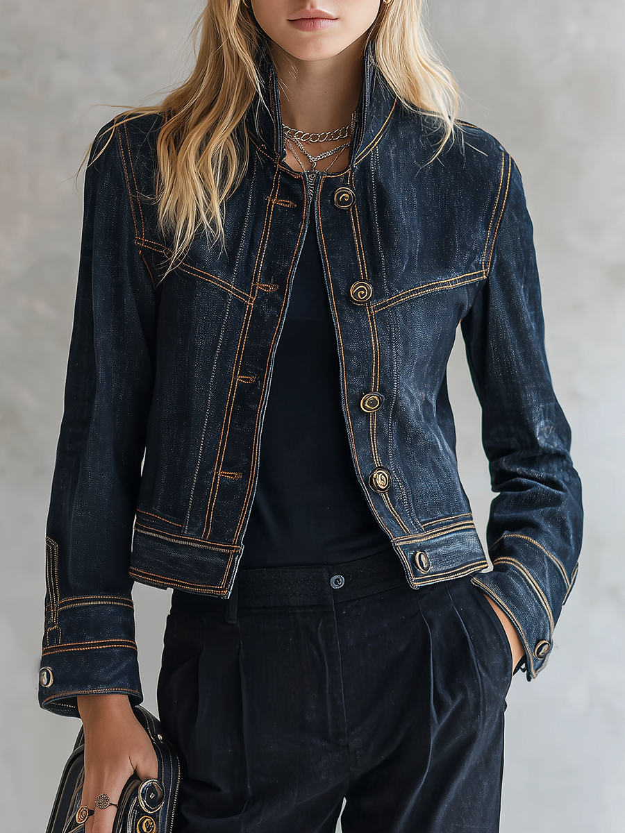 Cecile | Women's Cropped Contrast-Stitch Denim Jacket