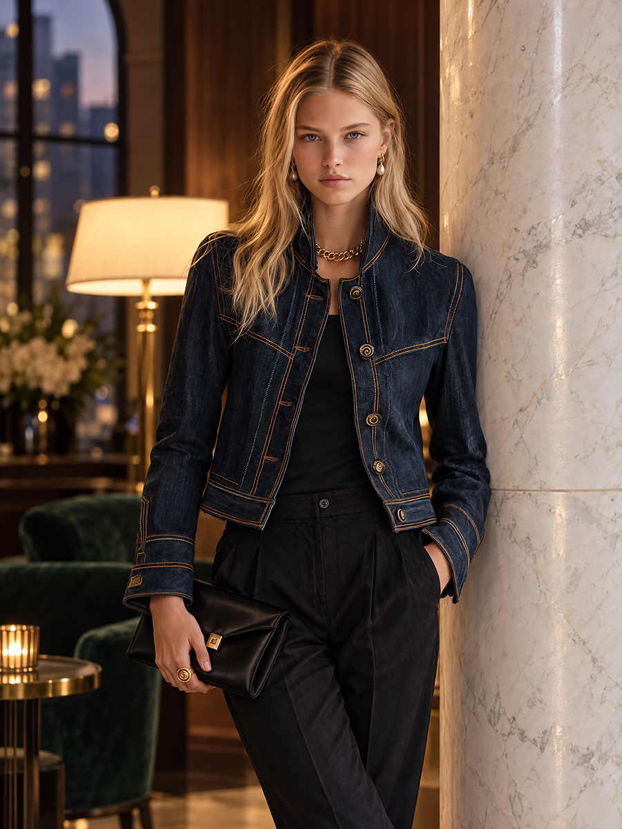 Cecile | Women's Cropped Contrast-Stitch Denim Jacket