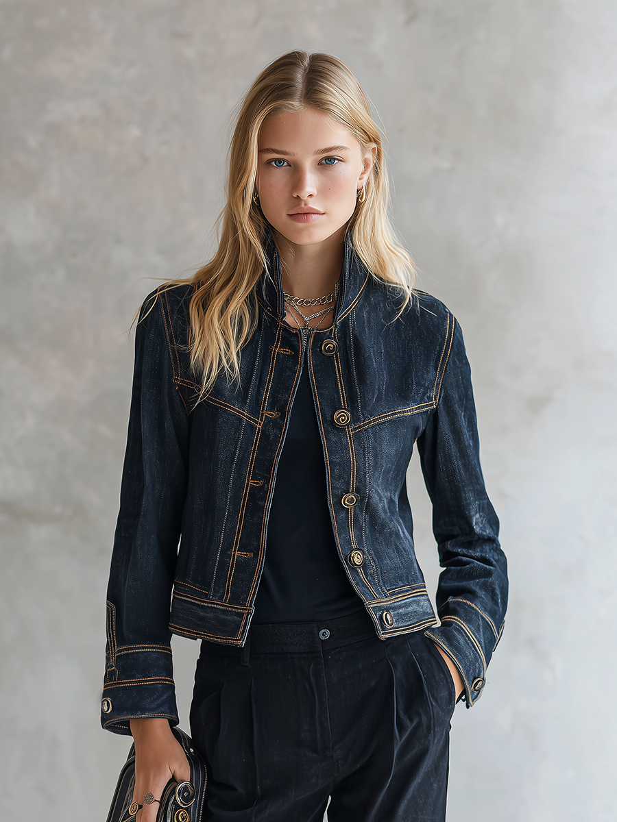 Cecile | Women's Cropped Contrast-Stitch Denim Jacket