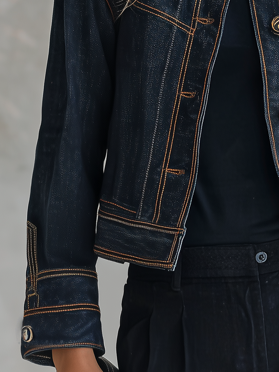 Cecile | Women's Cropped Contrast-Stitch Denim Jacket