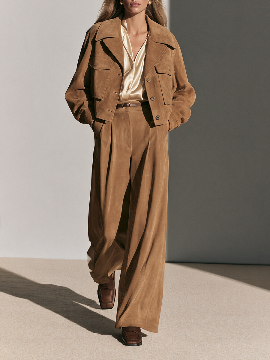 Pearl | Women's Cropped Suede Jacket and Wide-Leg Palazzo Pants Set