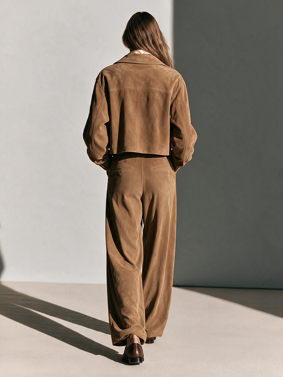 Pearl | Women's Cropped Suede Jacket and Wide-Leg Palazzo Pants Set