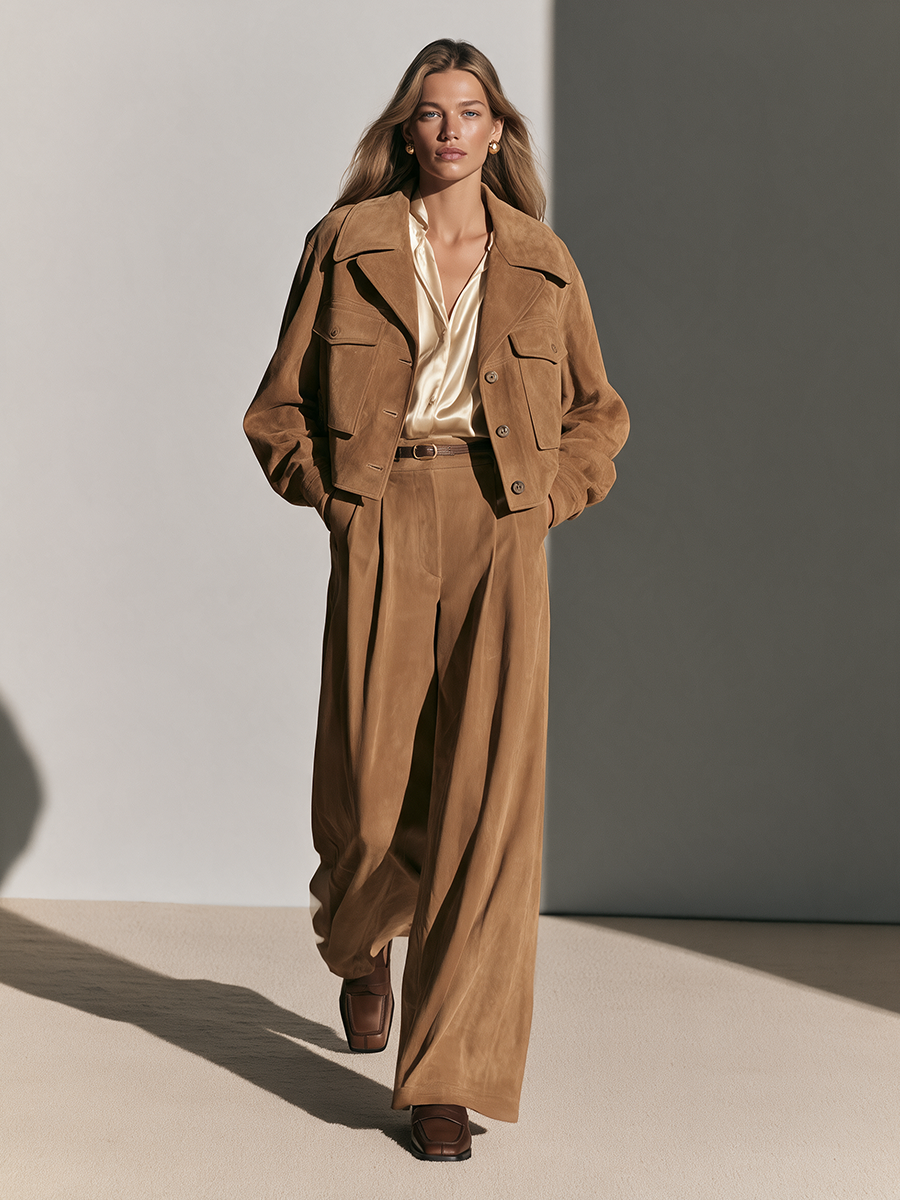 Pearl | Women's Cropped Suede Jacket and Wide-Leg Palazzo Pants Set