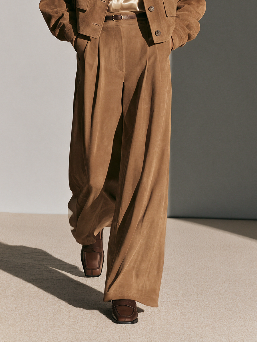 Pearl | Women's Cropped Suede Jacket and Wide-Leg Palazzo Pants Set