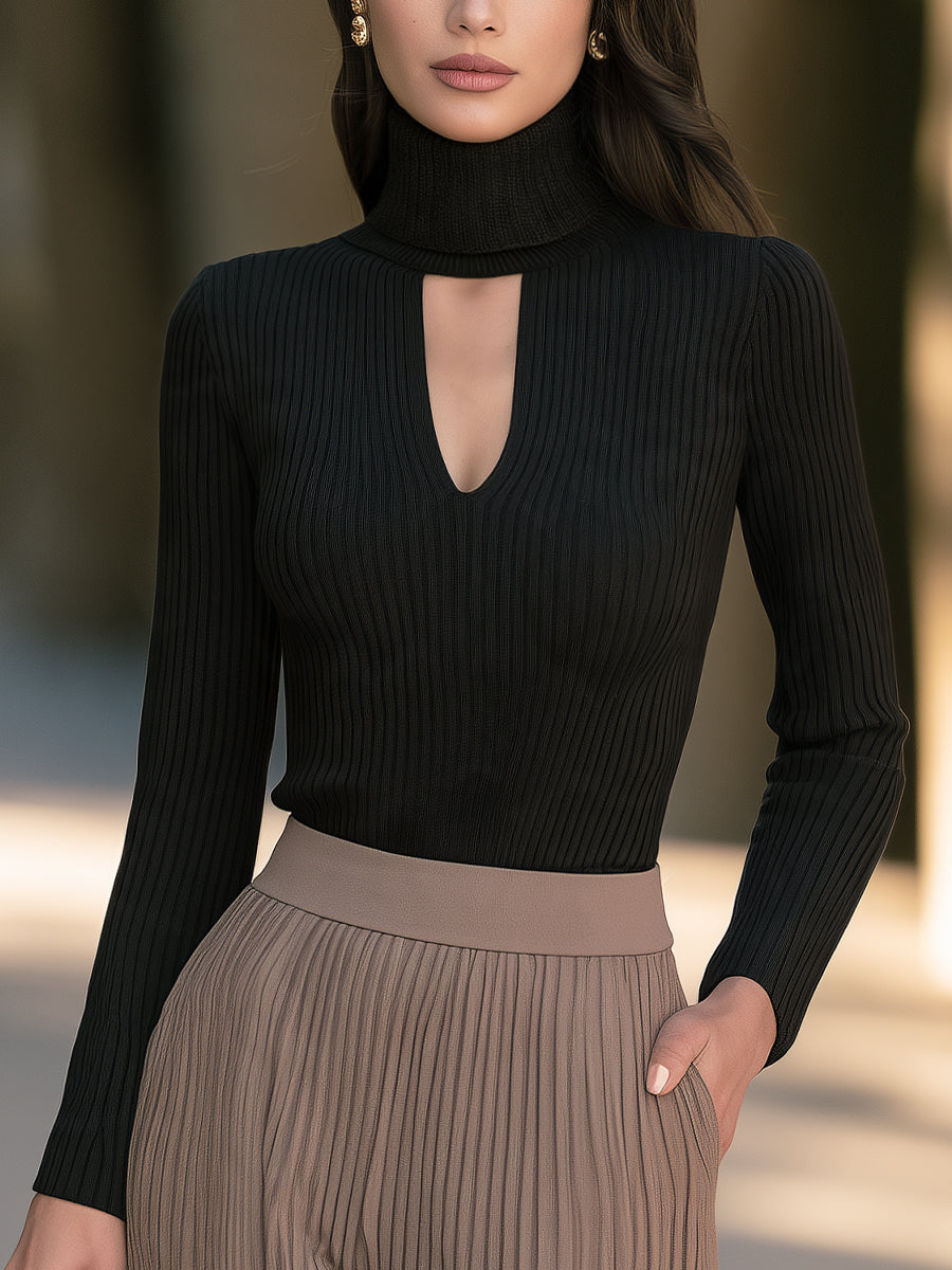 Rosemary-Nadine | Women's Cutout Turtleneck Ribbed Knit Top