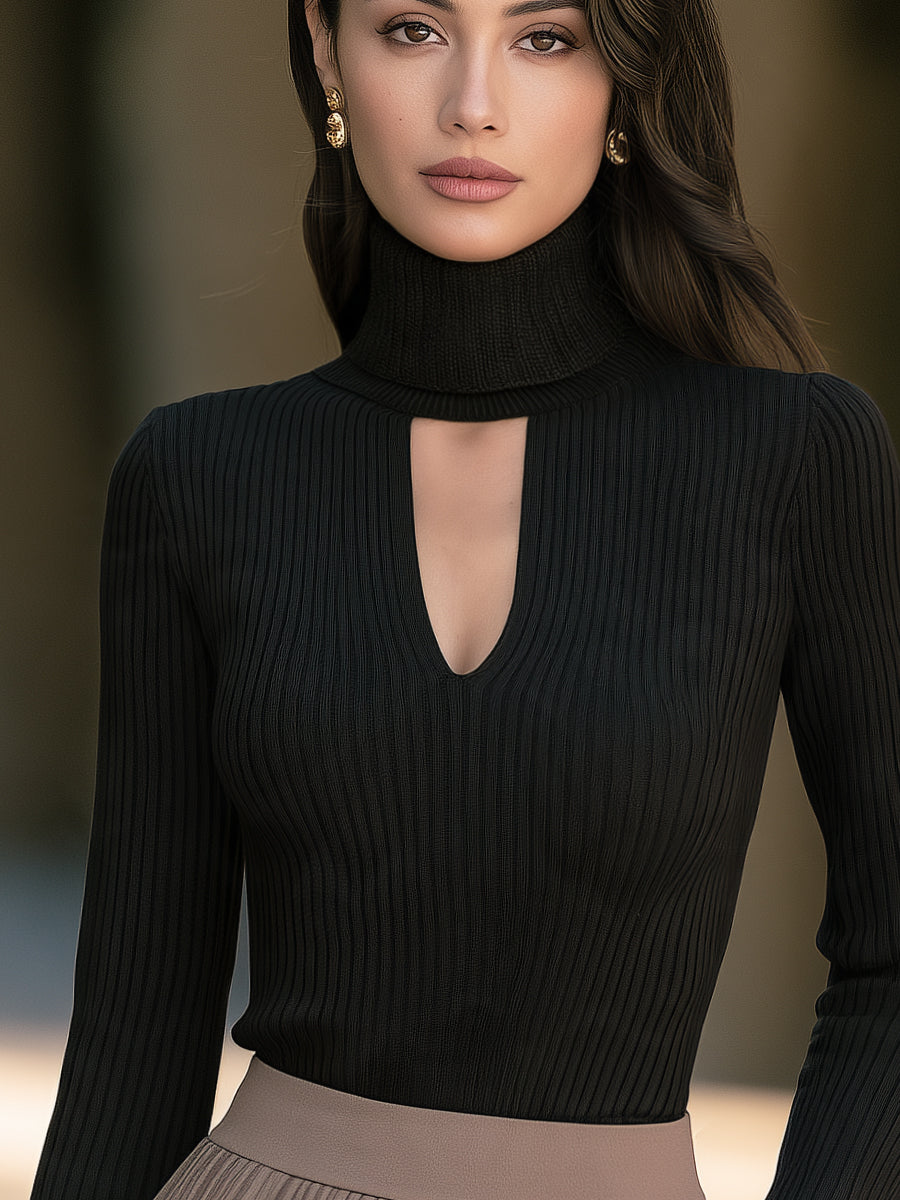 Rosemary-Nadine | Women's Cutout Turtleneck Ribbed Knit Top