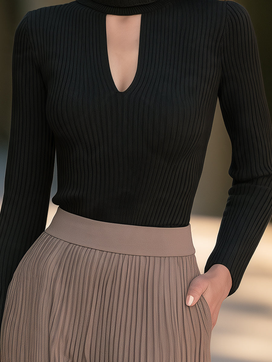 Rosemary-Nadine | Women's Cutout Turtleneck Ribbed Knit Top