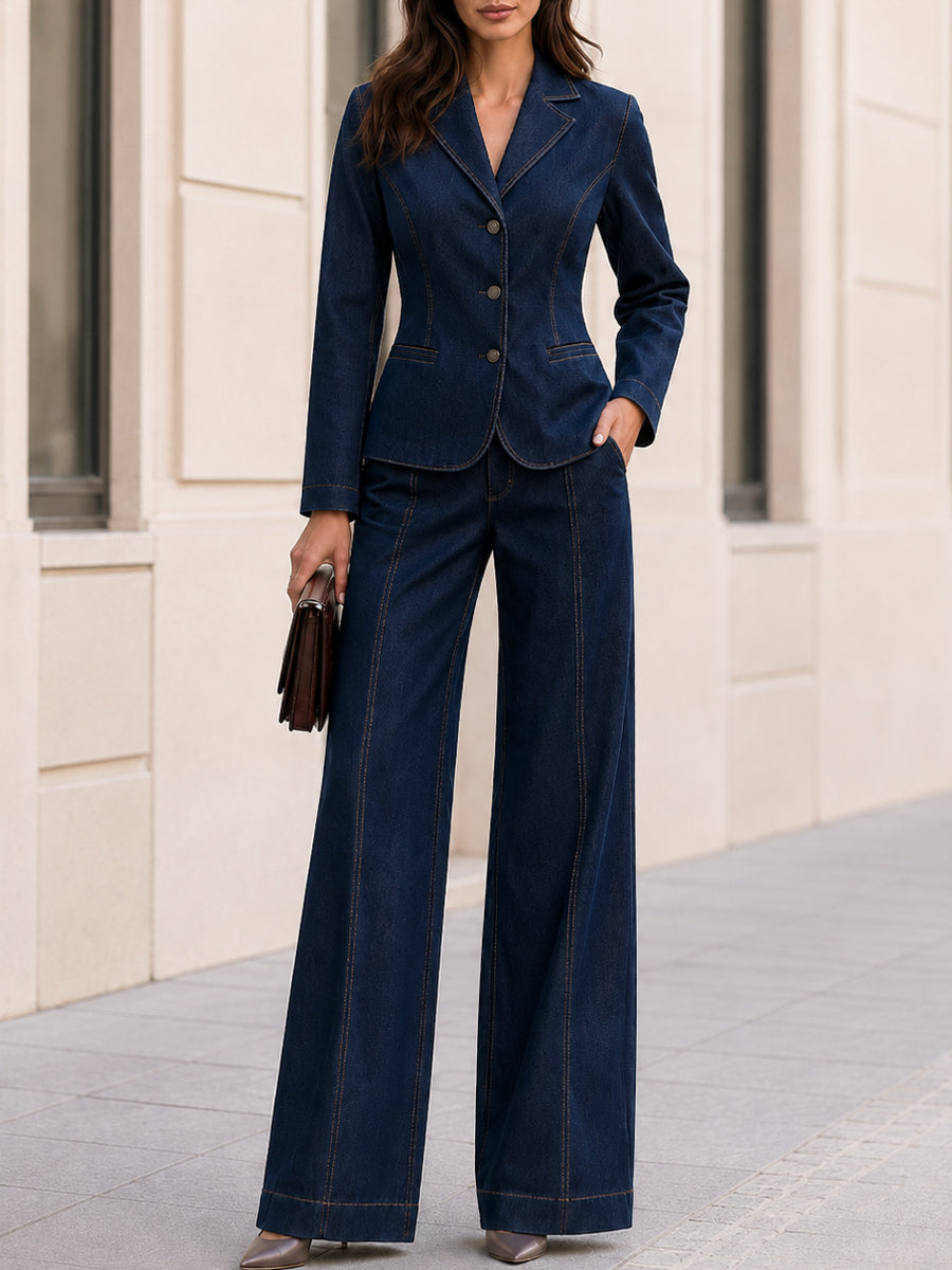 Lottie | Women's Denim Blazer & Wide-Leg Trouser Two-Piece Suit